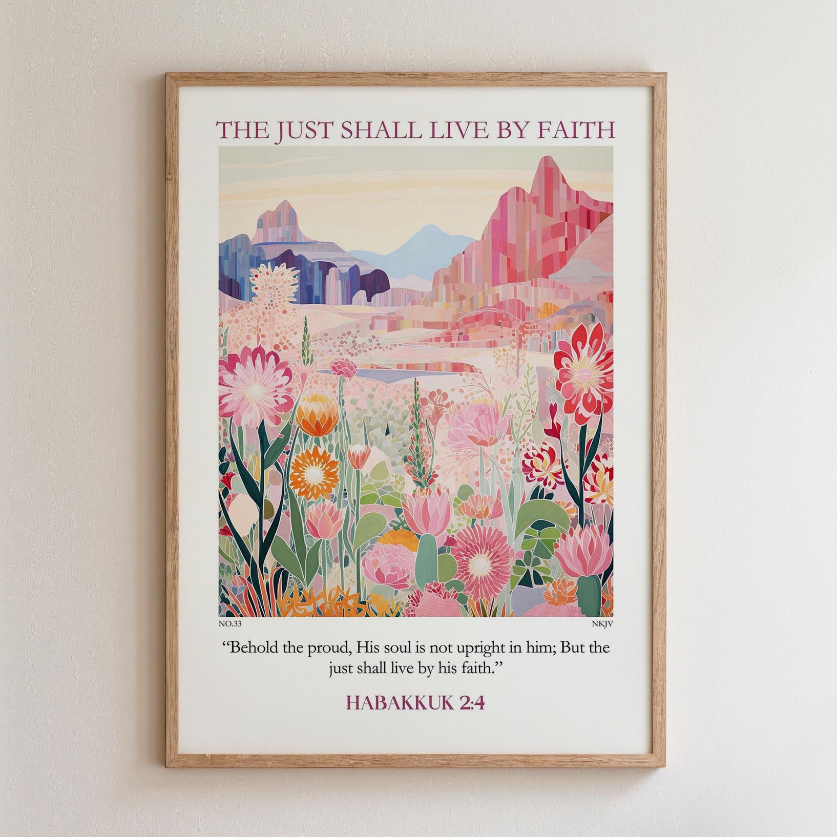 The image is a framed poster with a colorful illustration of a desert landscape with mountains, flowers, and a quote from the Bible.