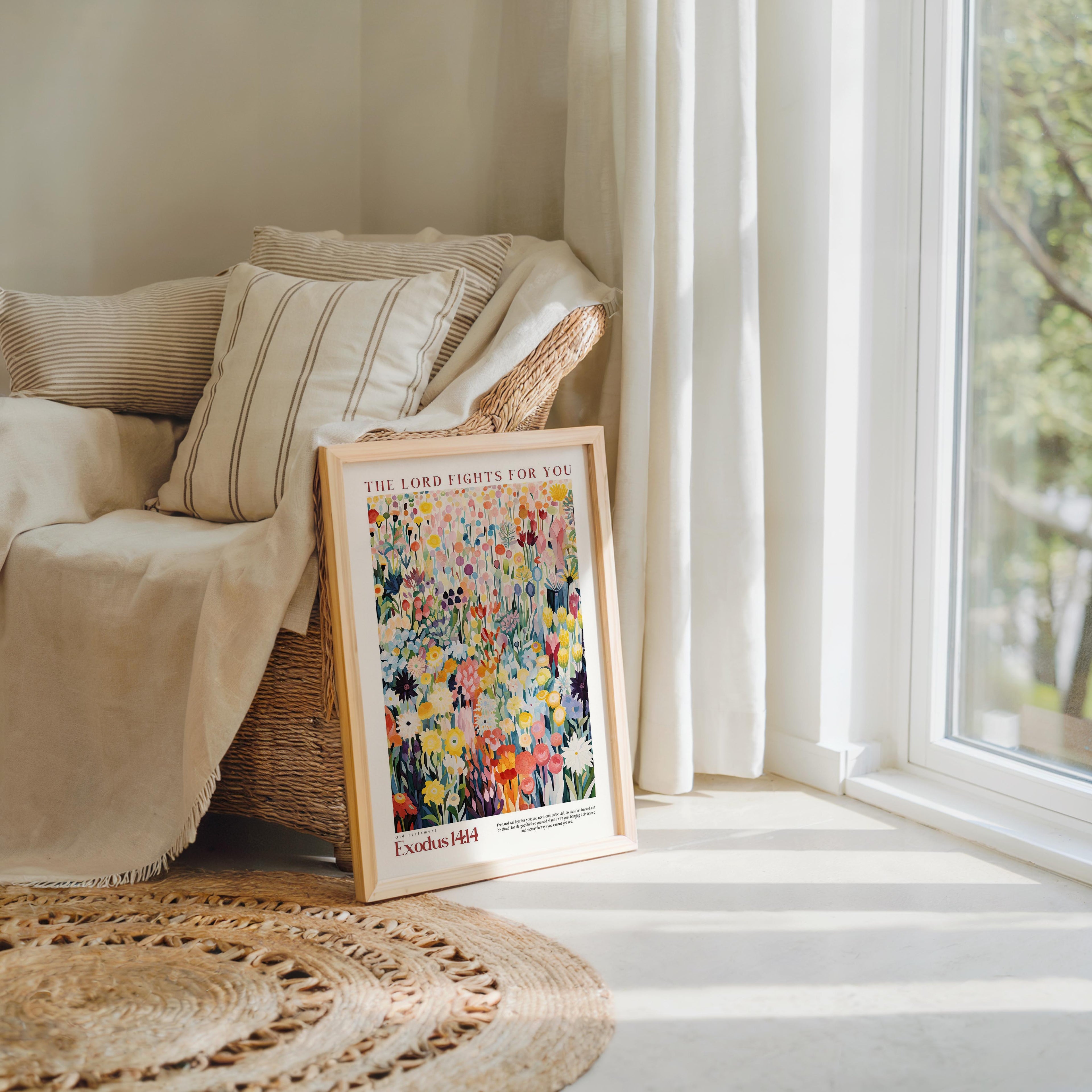 A framed poster of a colorful floral painting is propped up against a beige armchair in a sunlit room with a large window.