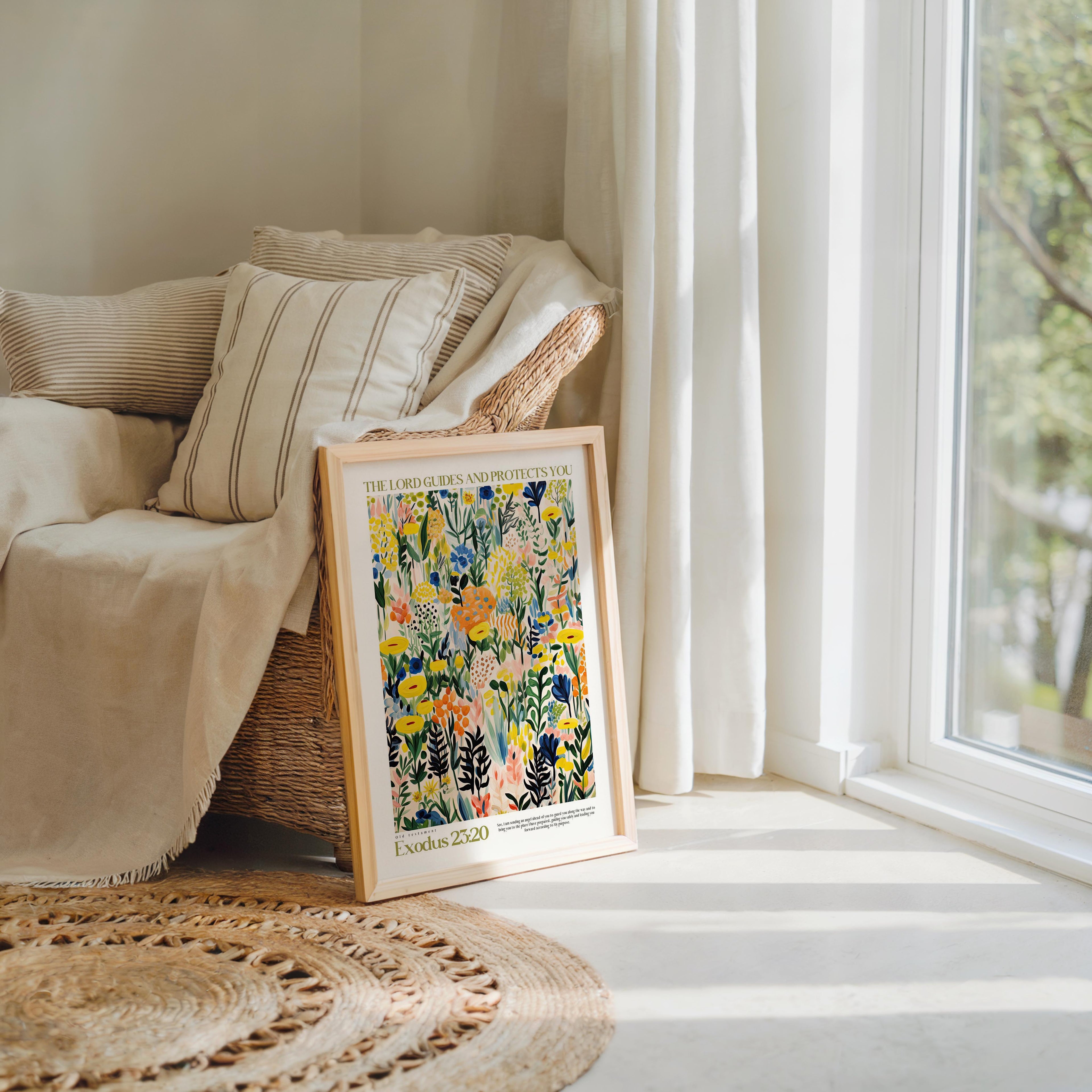 a framed print of a colorful floral print, placed on a wooden floor next to a window with white curtains.