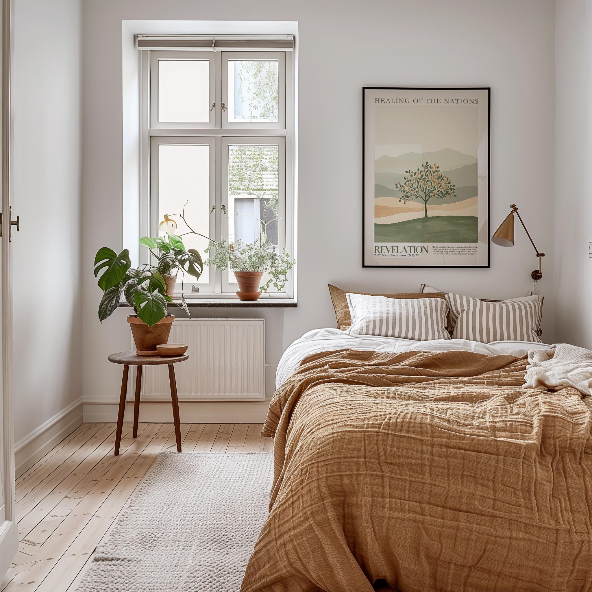 A cozy bedroom with a large bed, a wooden nightstand, and a potted plant. The room has a neutral color scheme with a large window providing natural light. A framed poster of a tree is displayed on the wall above the bed.