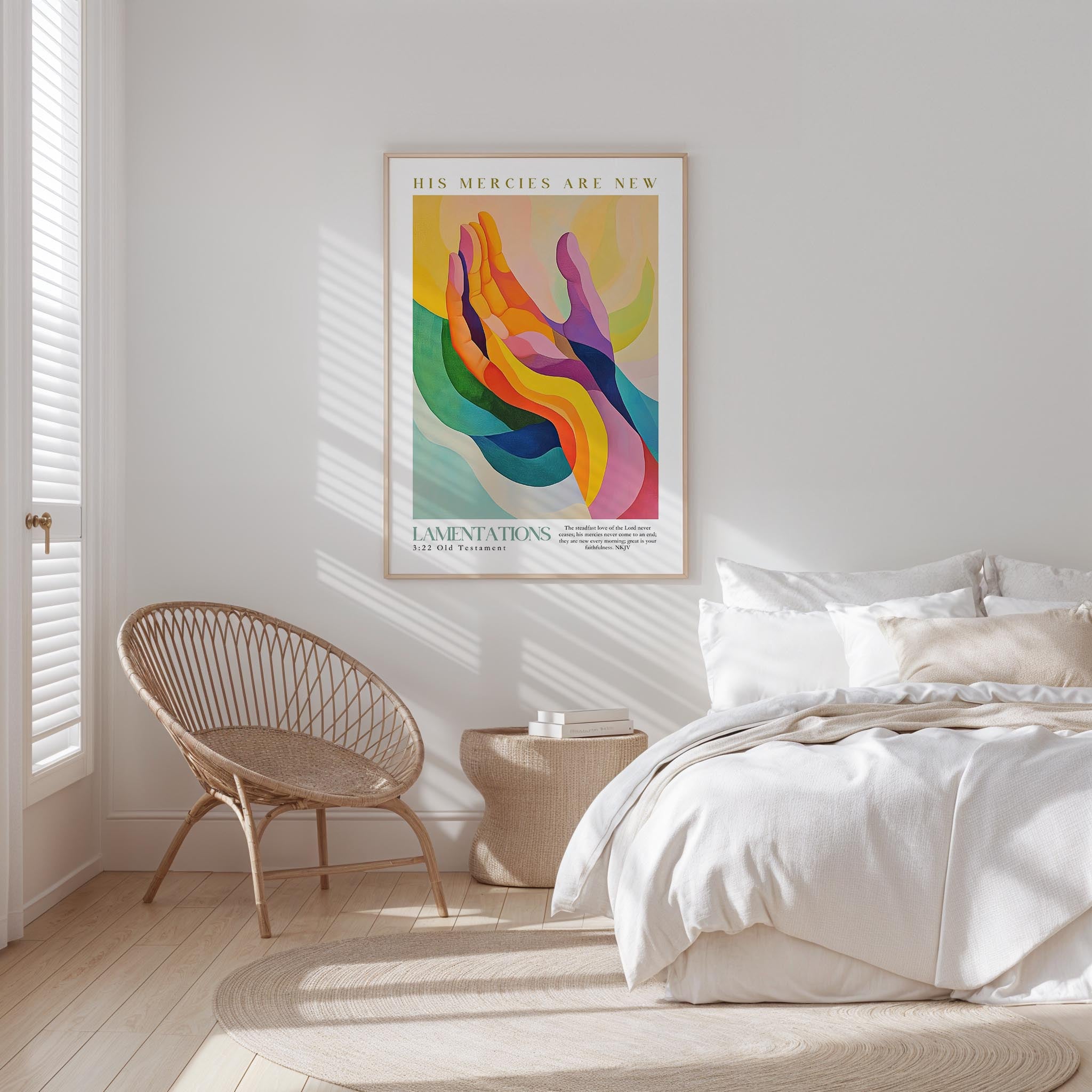 a bedroom with a bed, a woven chair, and a colorful abstract poster on the wall.