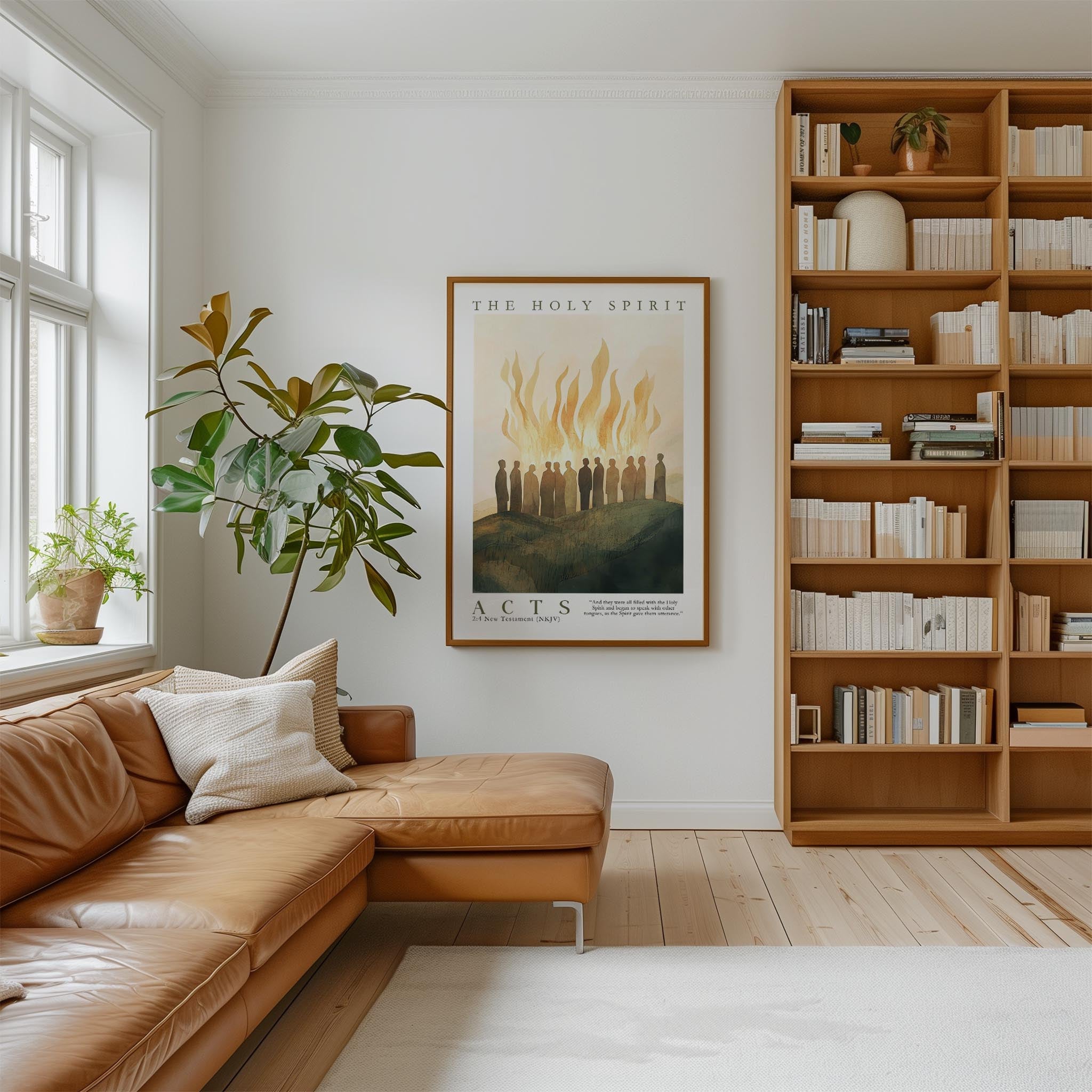 a cozy living room with a large bookshelf filled with books, a comfortable leather couch, and a framed poster of a group of people on the wall.