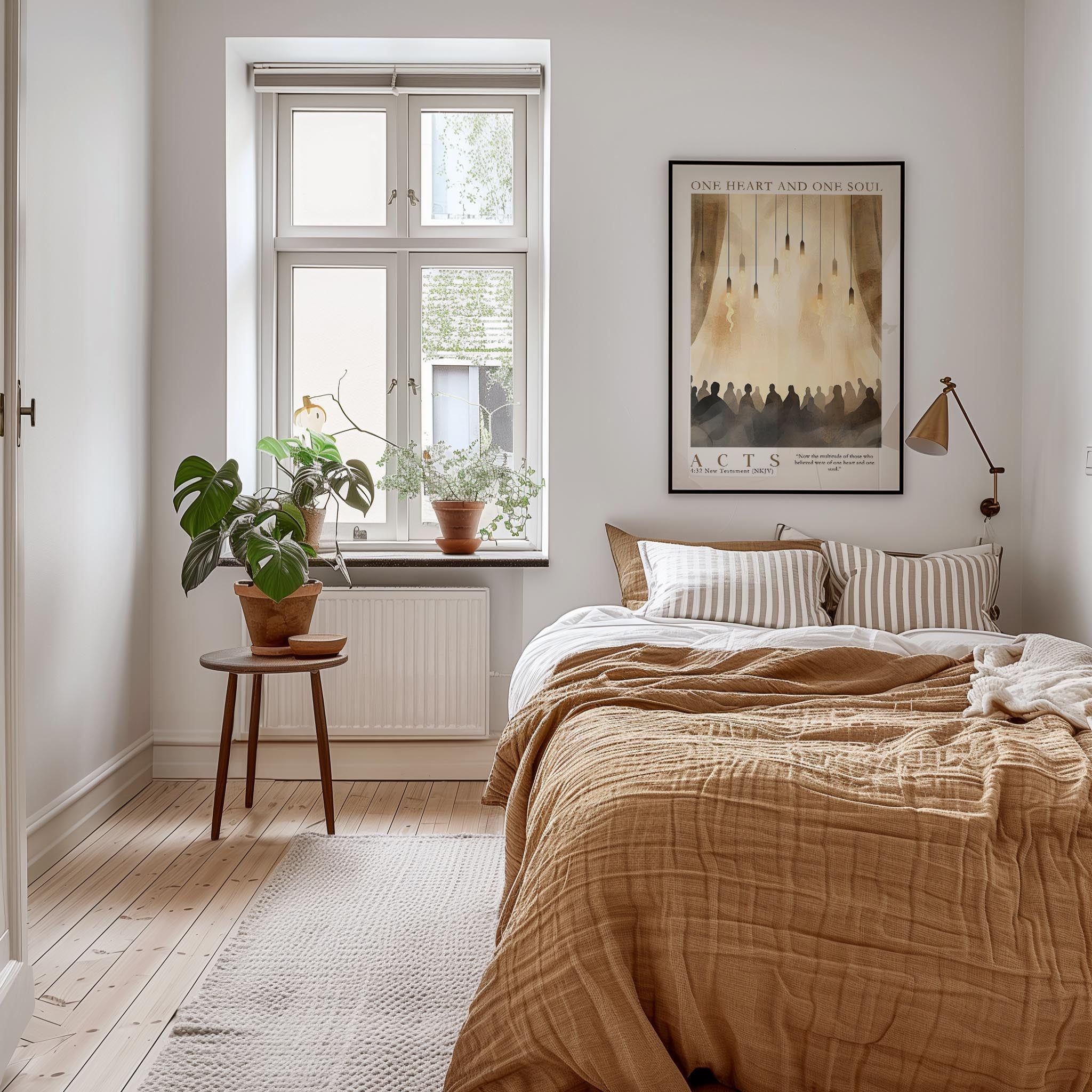 a cozy bedroom with a large bed, a nightstand, and a potted plant. The room has a neutral color scheme with white walls and a wooden floor. A framed poster is hanging on the wall above the bed, and a window with a plant on the sill is visible.