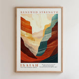 The image is a framed poster featuring an abstract landscape with mountains and valleys in warm colors, along with a biblical verse from the Old Testament.
