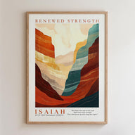 The image is a framed poster featuring an abstract landscape with mountains and valleys in warm colors, along with a biblical verse from the Old Testament.