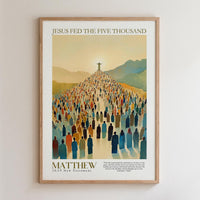 The image is a framed poster depicting a large crowd of people gathered in a mountainous landscape, with a figure of Jesus Christ standing at the top of the hill.