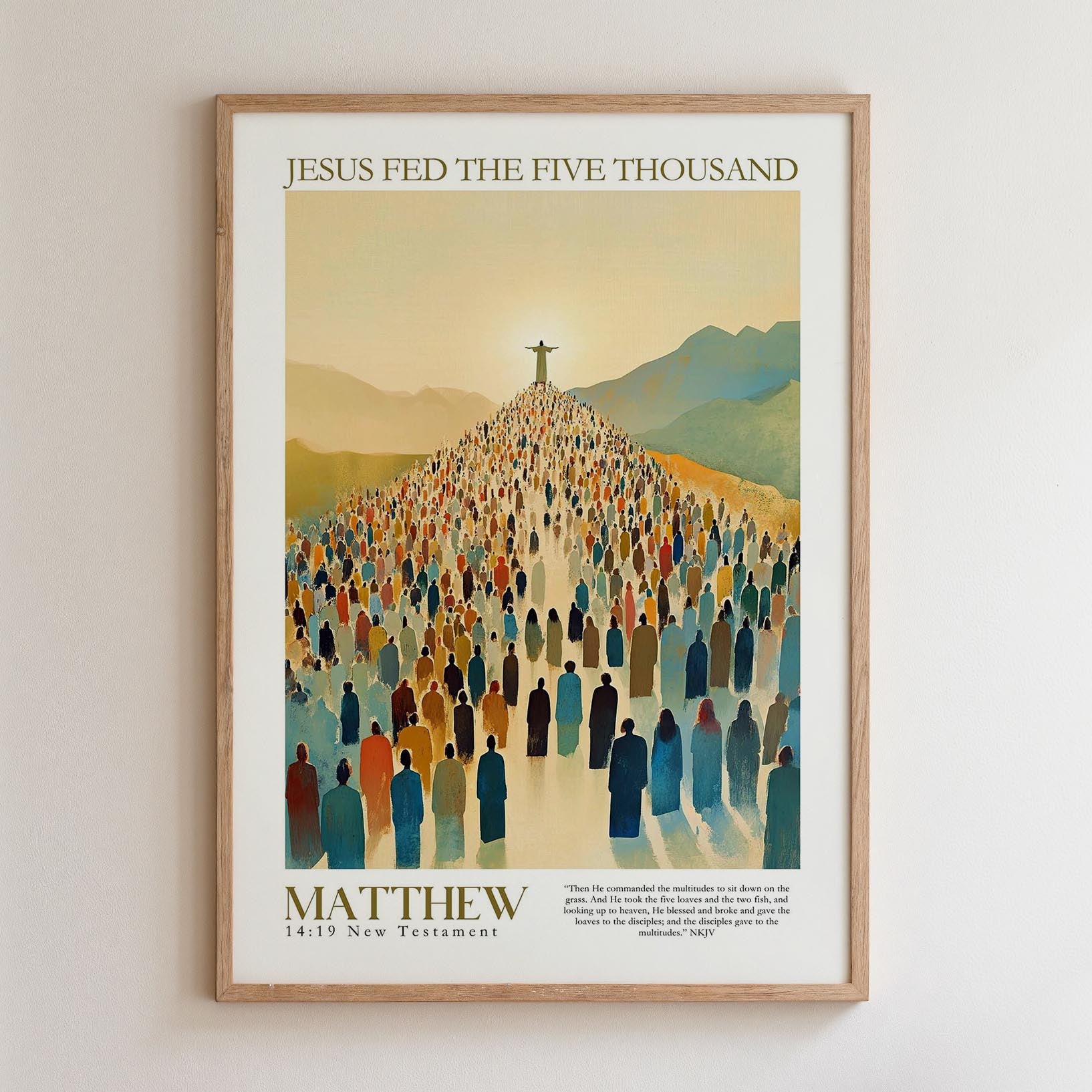 The image is a framed poster depicting a large crowd of people gathered in a mountainous landscape, with a figure of Jesus Christ standing at the top of the hill.