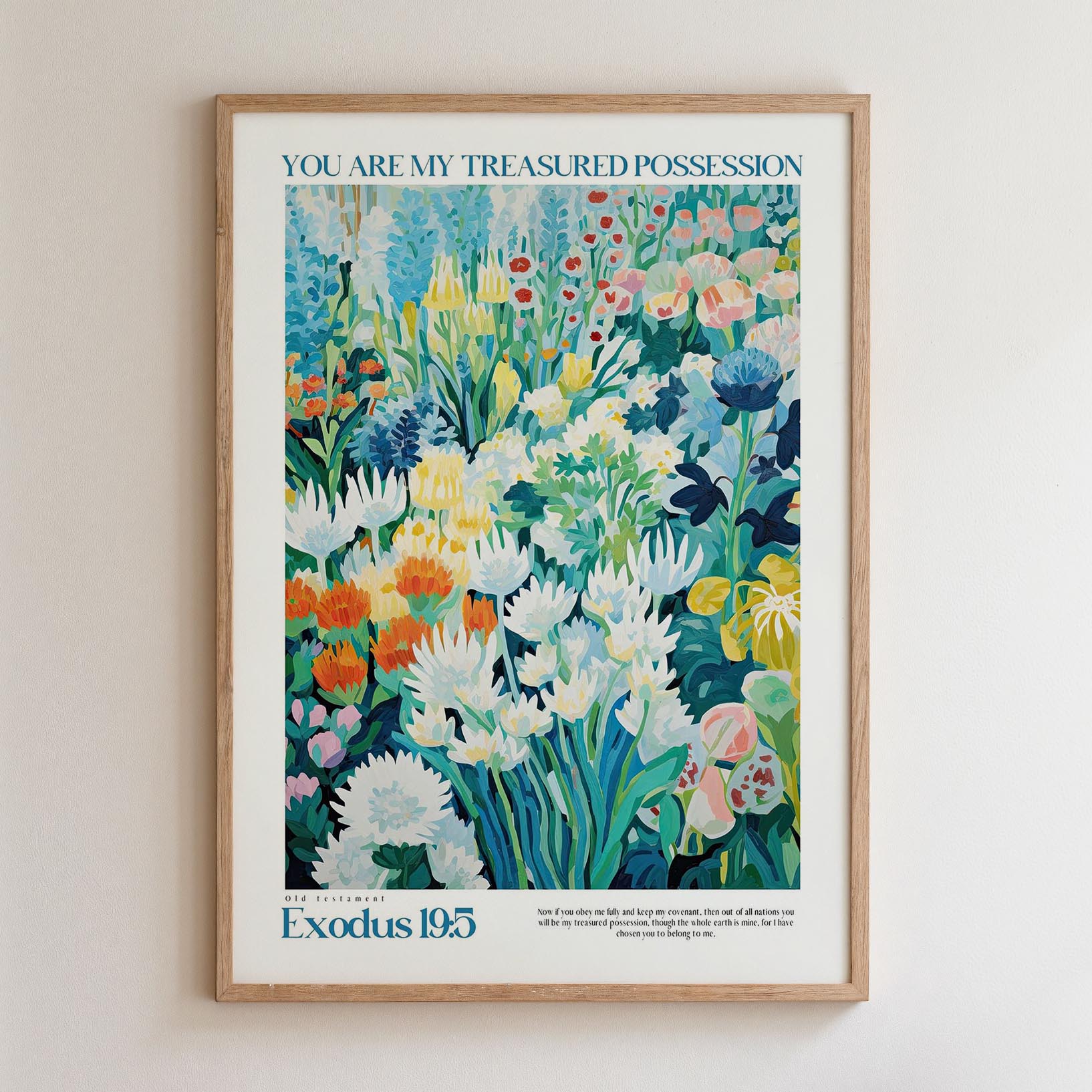 The image is a framed poster featuring a vibrant and colorful painting of various flowers and plants.