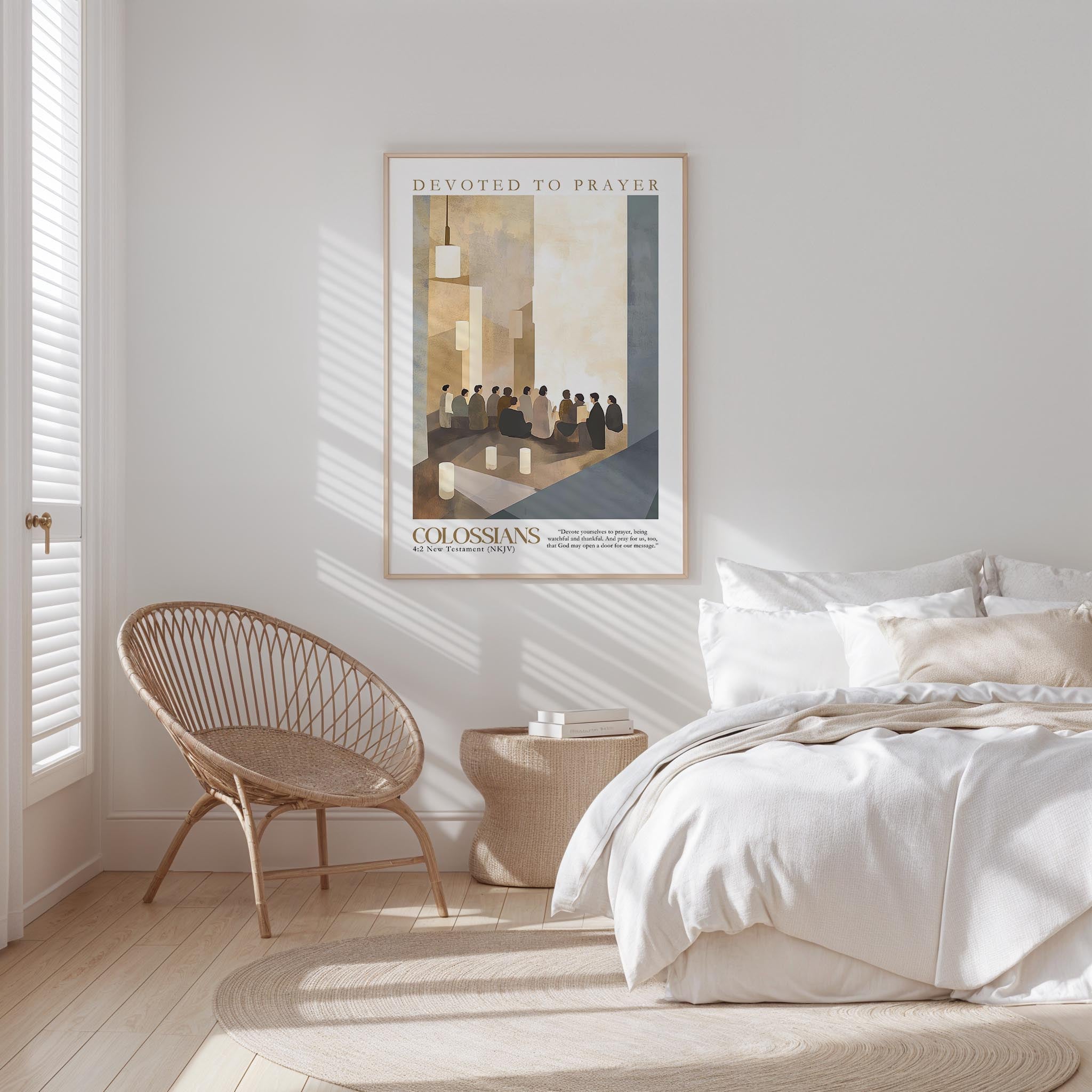 A bedroom with a bed, a woven chair, and a framed poster of a group of people on the wall.