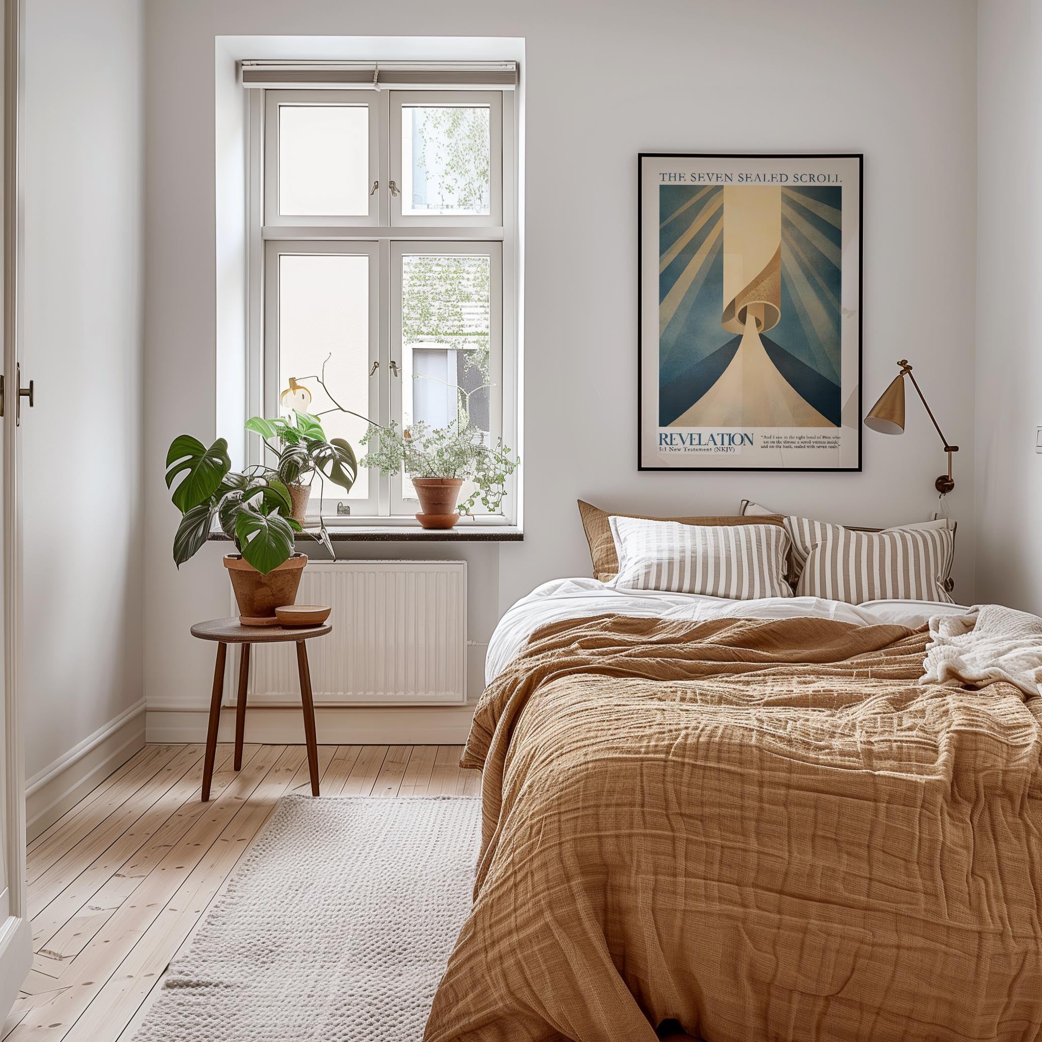 a cozy bedroom with a large bed, a wooden nightstand, and a window with a plant on the sill. The room has a warm, inviting atmosphere with a neutral color palette and natural elements like the potted plant.