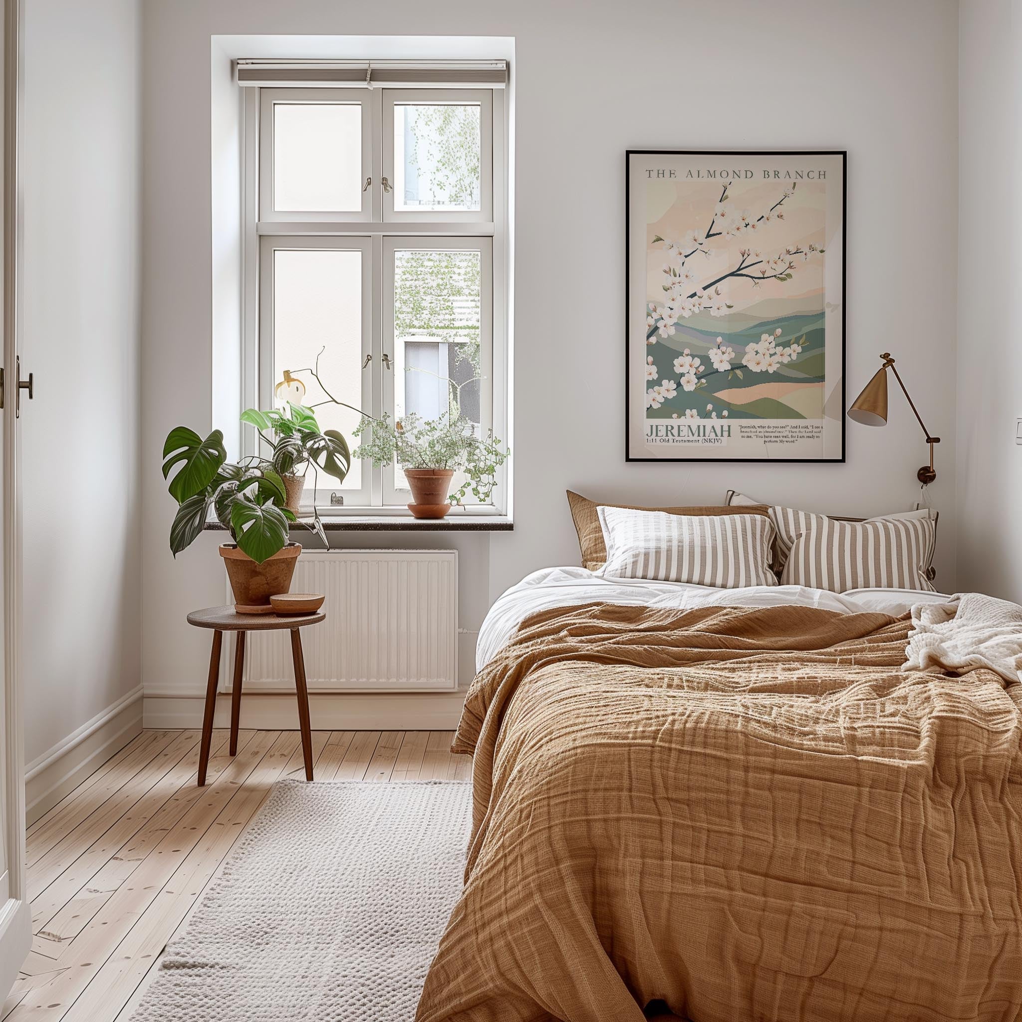 A cozy bedroom with a large bed, a wooden nightstand, and a potted plant. The room has a warm, inviting atmosphere with a large window and a framed poster on the wall.