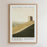 The image is a framed poster depicting a small tower on a hill, with a text overlay that reads "WATCHMEN FOR ISRAEL" and "EZEKEL" along with a biblical verse from the book of 1 Kings.