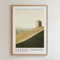 The image is a framed poster depicting a small tower on a hill, with a text overlay that reads "WATCHMEN FOR ISRAEL" and "EZEKEL" along with a biblical verse from the book of 1 Kings.