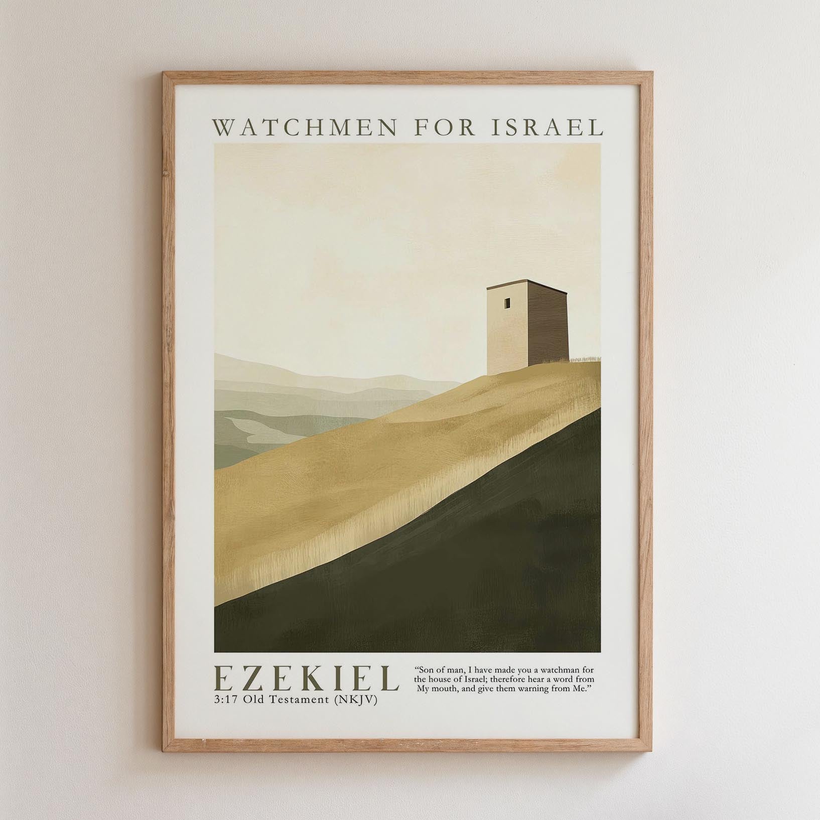 The image is a framed poster depicting a small tower on a hill, with a text overlay that reads "WATCHMEN FOR ISRAEL" and "EZEKEL" along with a biblical verse from the book of 1 Kings.