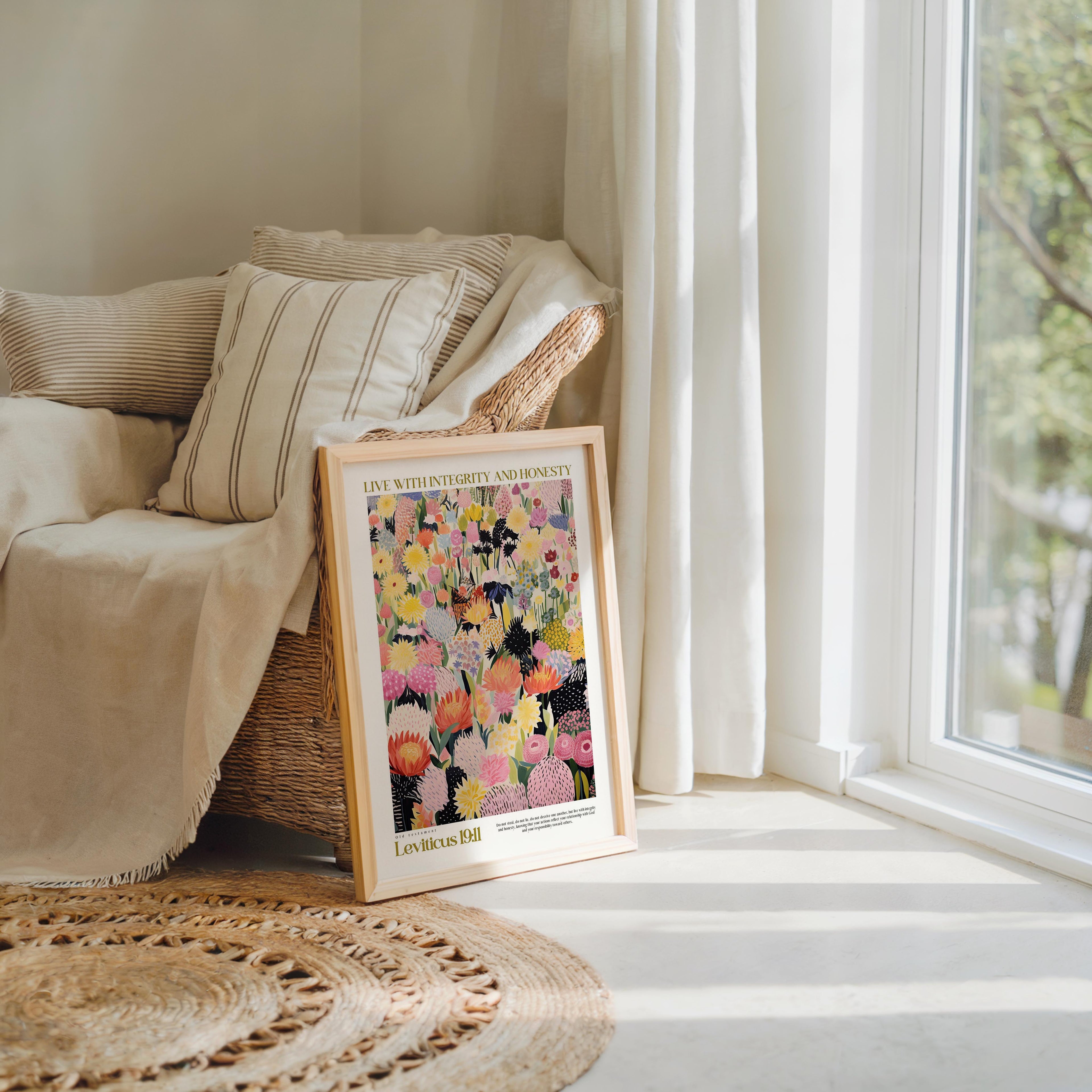 a framed poster of a colorful floral design, placed on a wooden floor next to a window with white curtains.