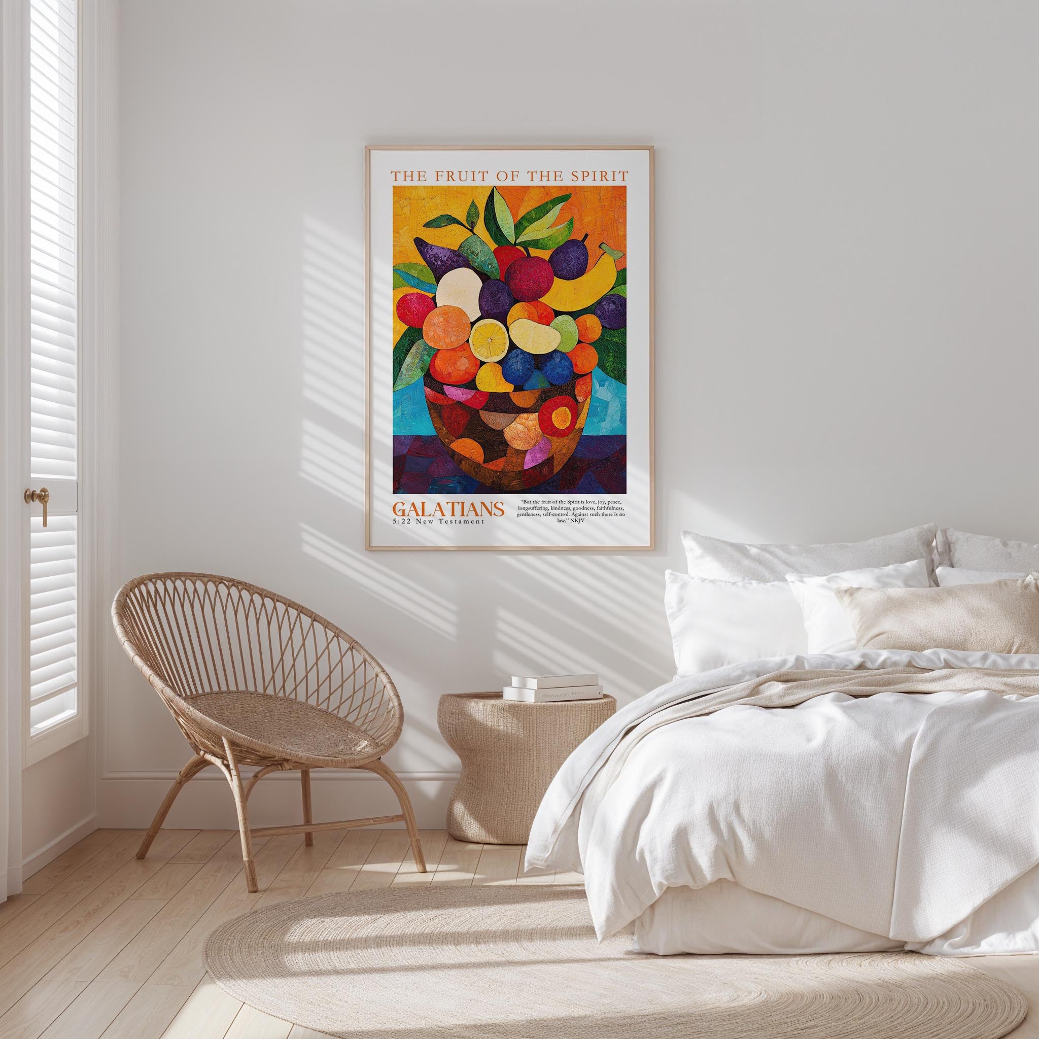 a bedroom with a bed, a woven chair, and a framed poster of a fruit bowl hanging on the wall.