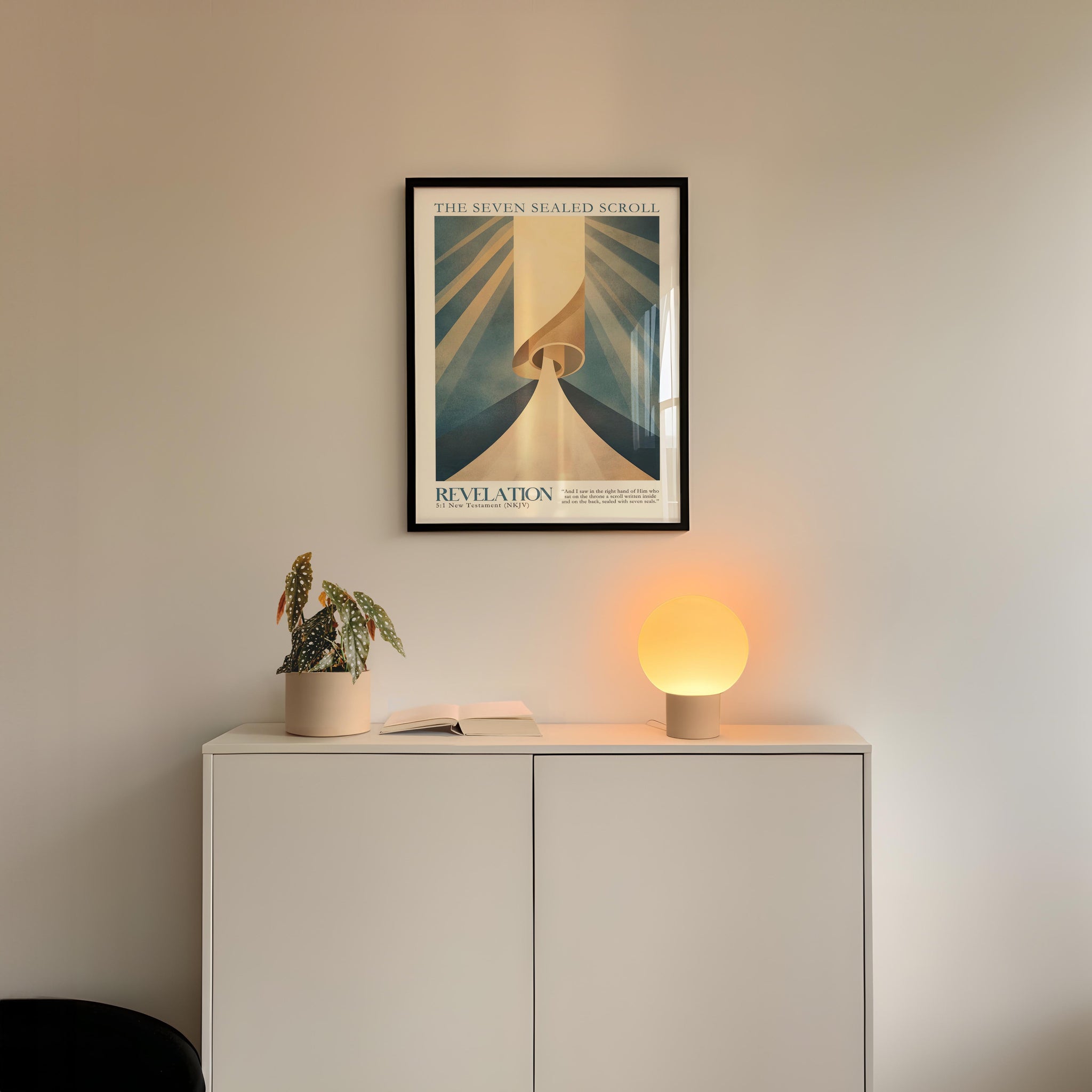 a minimalist interior design with a white cabinet, a potted plant, and a lamp on a white shelf. Above the cabinet, there is a framed poster with the text "The Seven Sealed Scroll" and "Revelation".