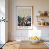 a kitchen scene with a framed poster of a religious scene hanging on the wall, a bowl of lemons on the counter, and shelves displaying various jars and containers.