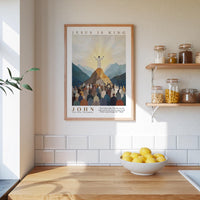 a kitchen scene with a framed poster of a religious scene hanging on the wall, a bowl of lemons on the counter, and shelves displaying various jars and containers.