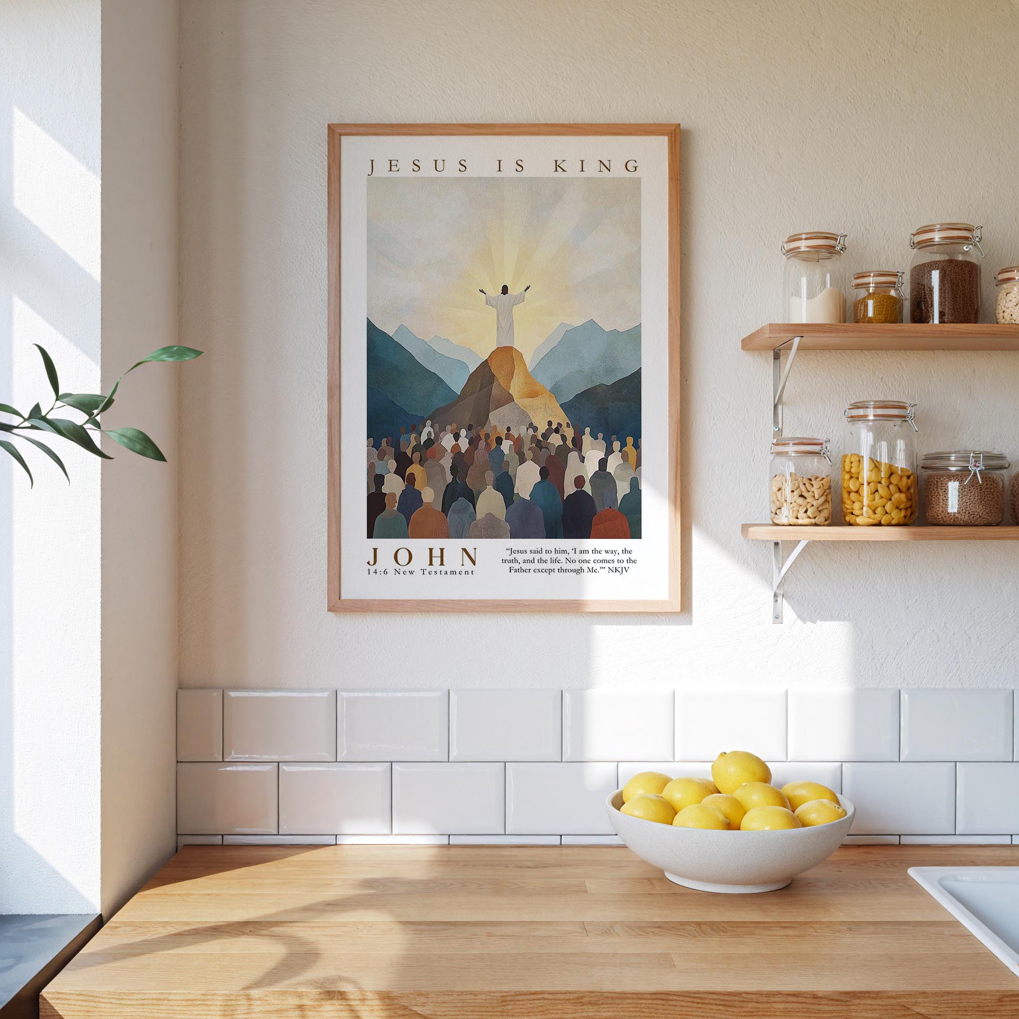 a kitchen scene with a framed poster of a religious scene hanging on the wall, a bowl of lemons on the counter, and shelves displaying various jars and containers.