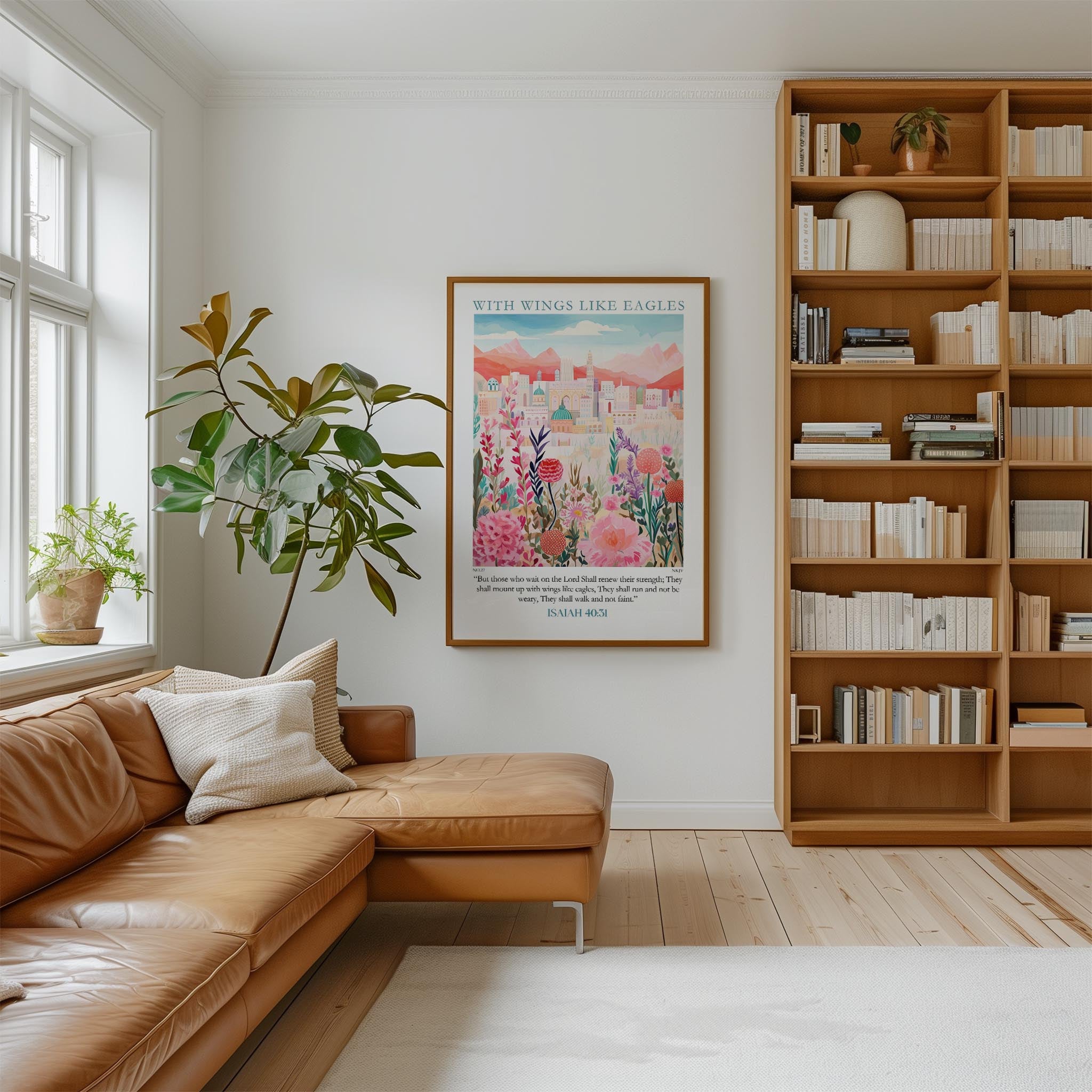 a cozy living room with a large bookshelf filled with books, a comfortable leather couch, and a potted plant. A framed poster of a colorful floral scene hangs on the wall, adding a touch of nature and art to the space.