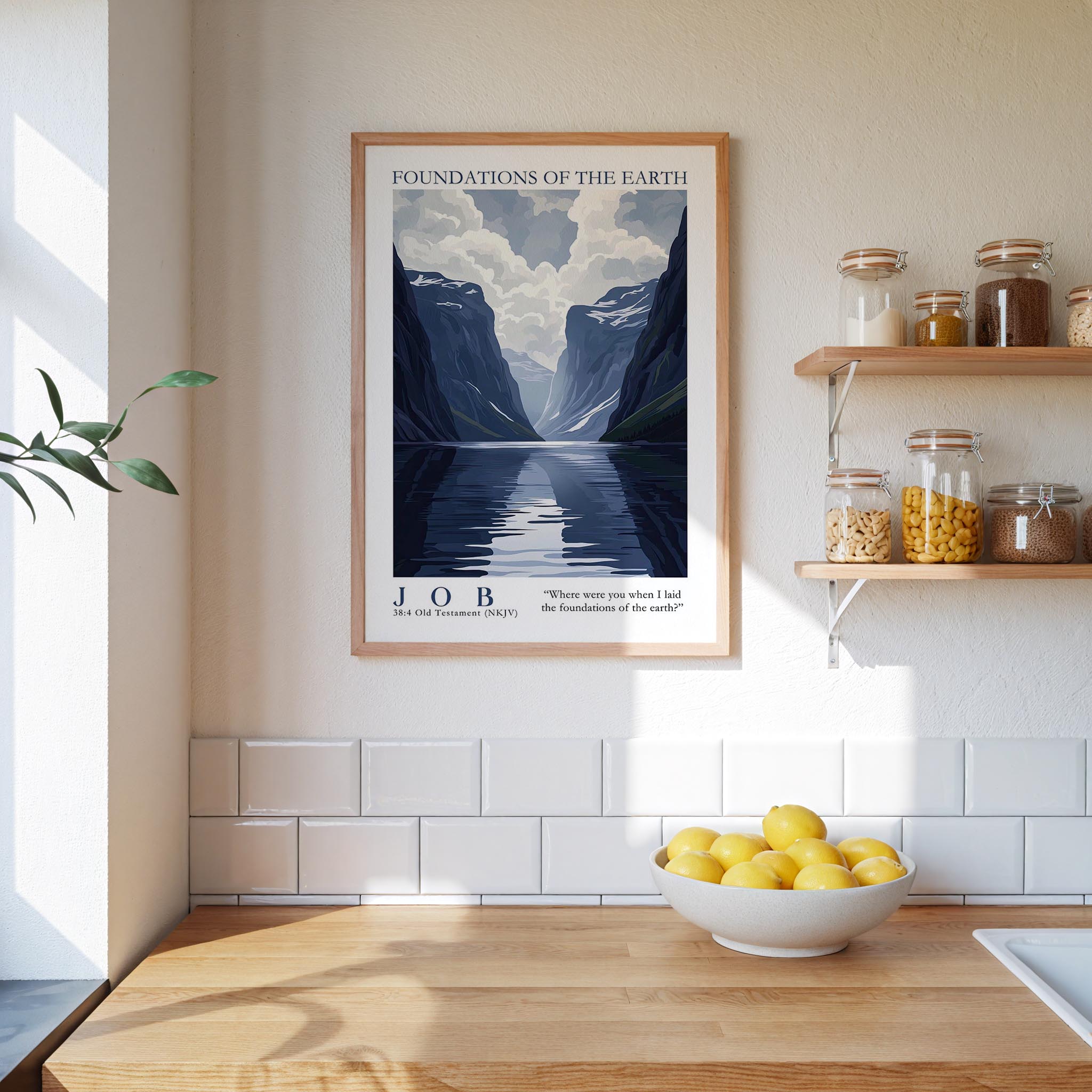 a framed poster of a mountain landscape with a lake, hanging on a wall above a kitchen counter with a bowl of lemons and jars of food on the counter.
