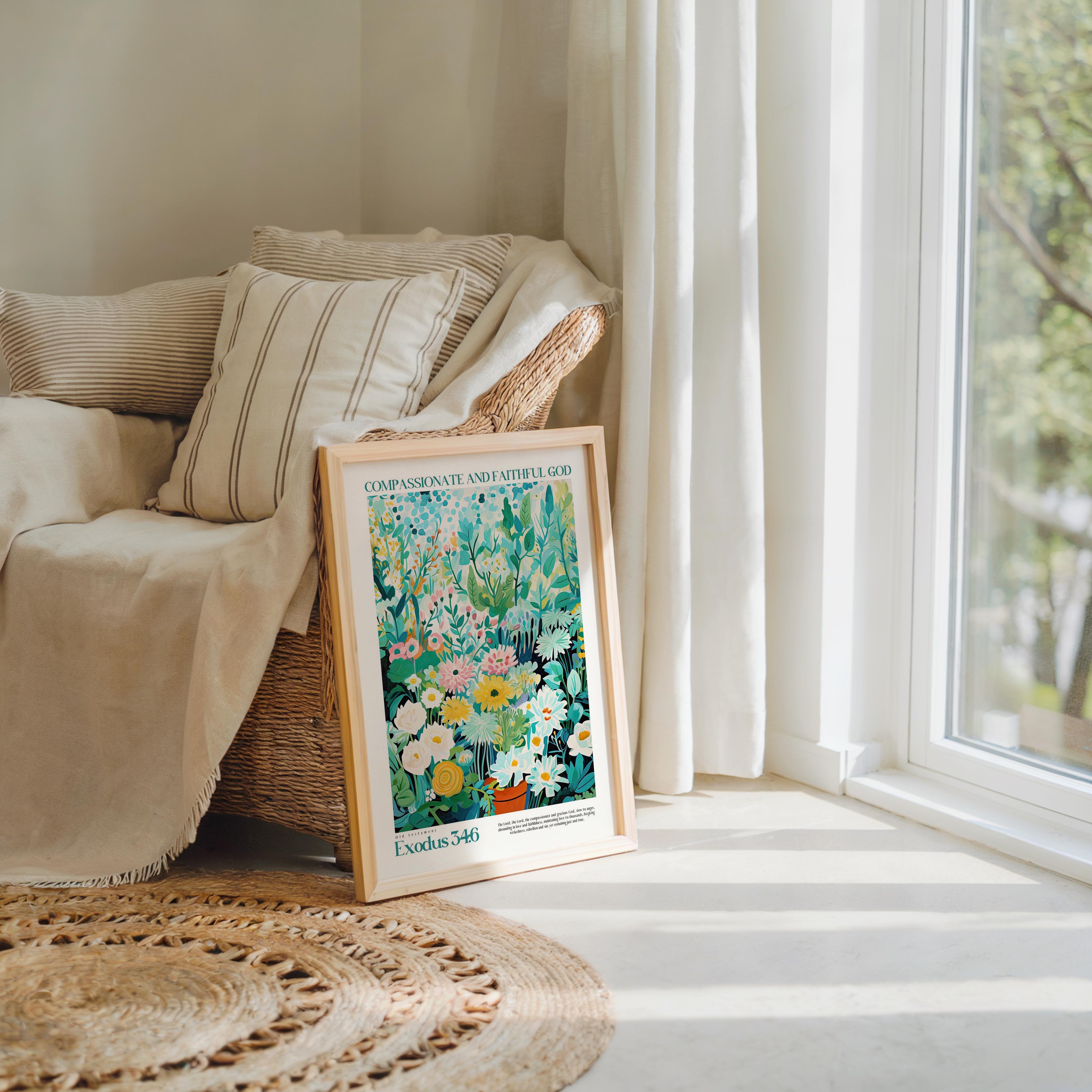A framed poster of a garden scene is propped up against a beige armchair, with a window and a woven rug visible in the background.