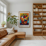 a cozy living room with a large bookshelf filled with books, a comfortable leather couch, and a vibrant abstract painting hanging on the wall.
