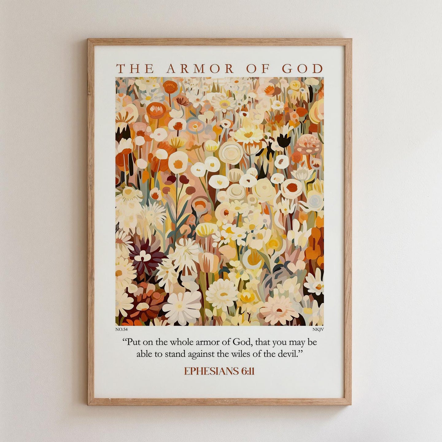 The image is a framed poster with a floral design and a Bible verse from Ephesians 6:11.