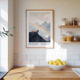 a kitchen counter with a bowl of lemons, a framed poster of a mountain landscape, and a shelf with jars and bottles.