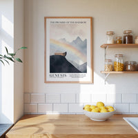 a kitchen counter with a bowl of lemons, a framed poster of a mountain landscape, and a shelf with jars and bottles.