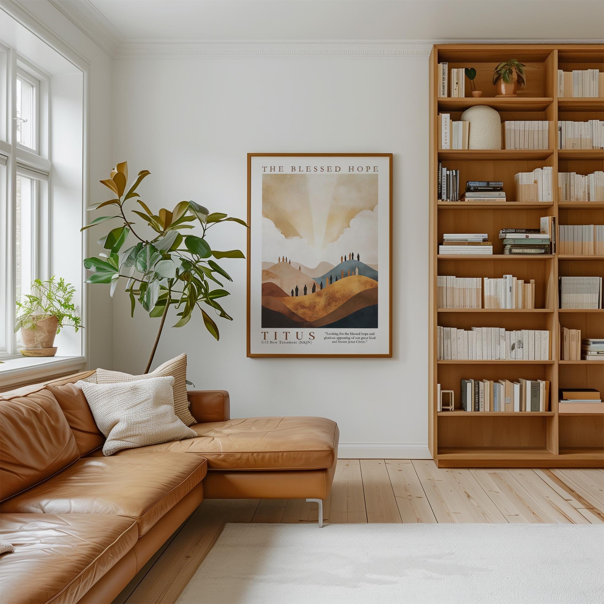 a cozy living room with a large bookshelf filled with books, a comfortable leather sofa, and a framed poster of a landscape on the wall.