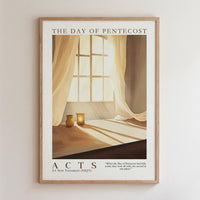 The image is a framed poster depicting a window with curtains, a table with two vases, and a quote from the New Testament about the Day of Pentecost.