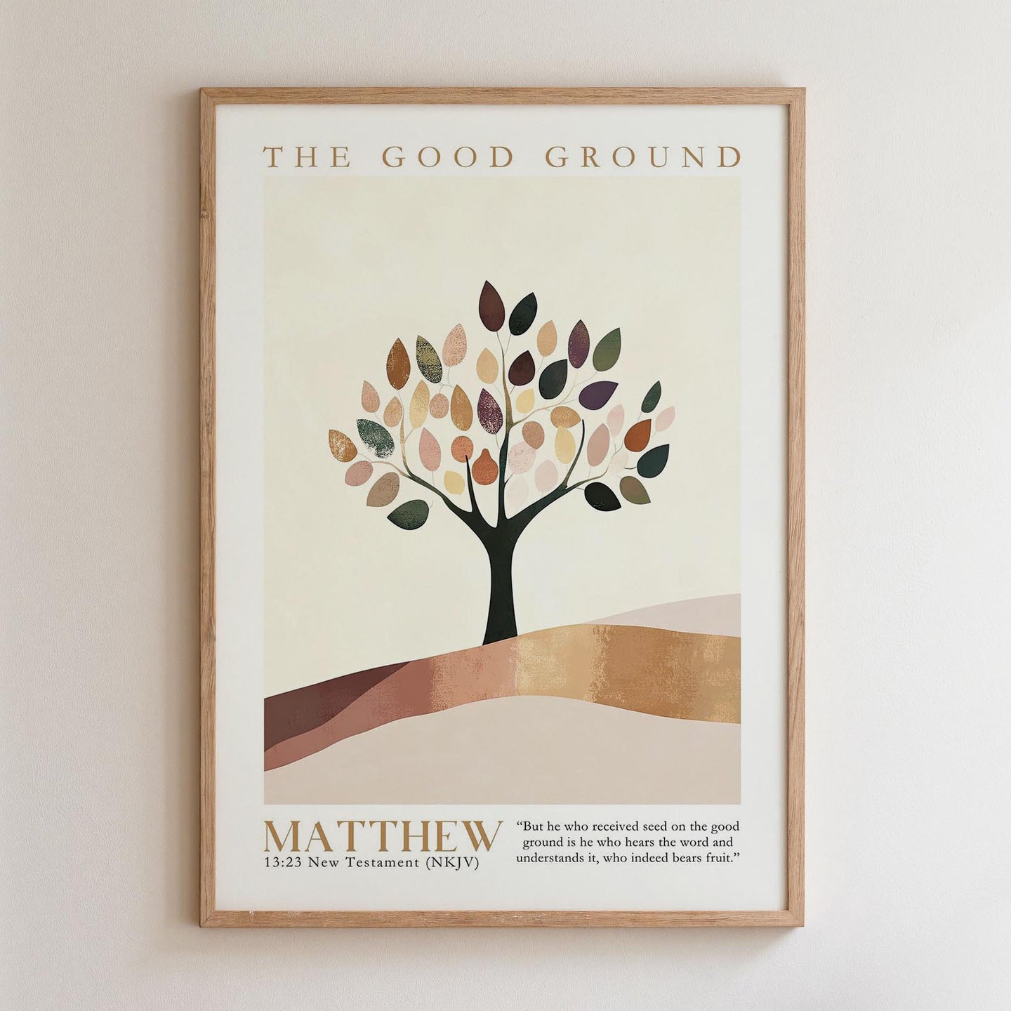 The image is a framed poster with a tree design and a Bible verse from Matthew 13:23.