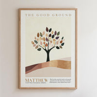 The image is a framed poster with a tree design and a Bible verse from Matthew 13:23.
