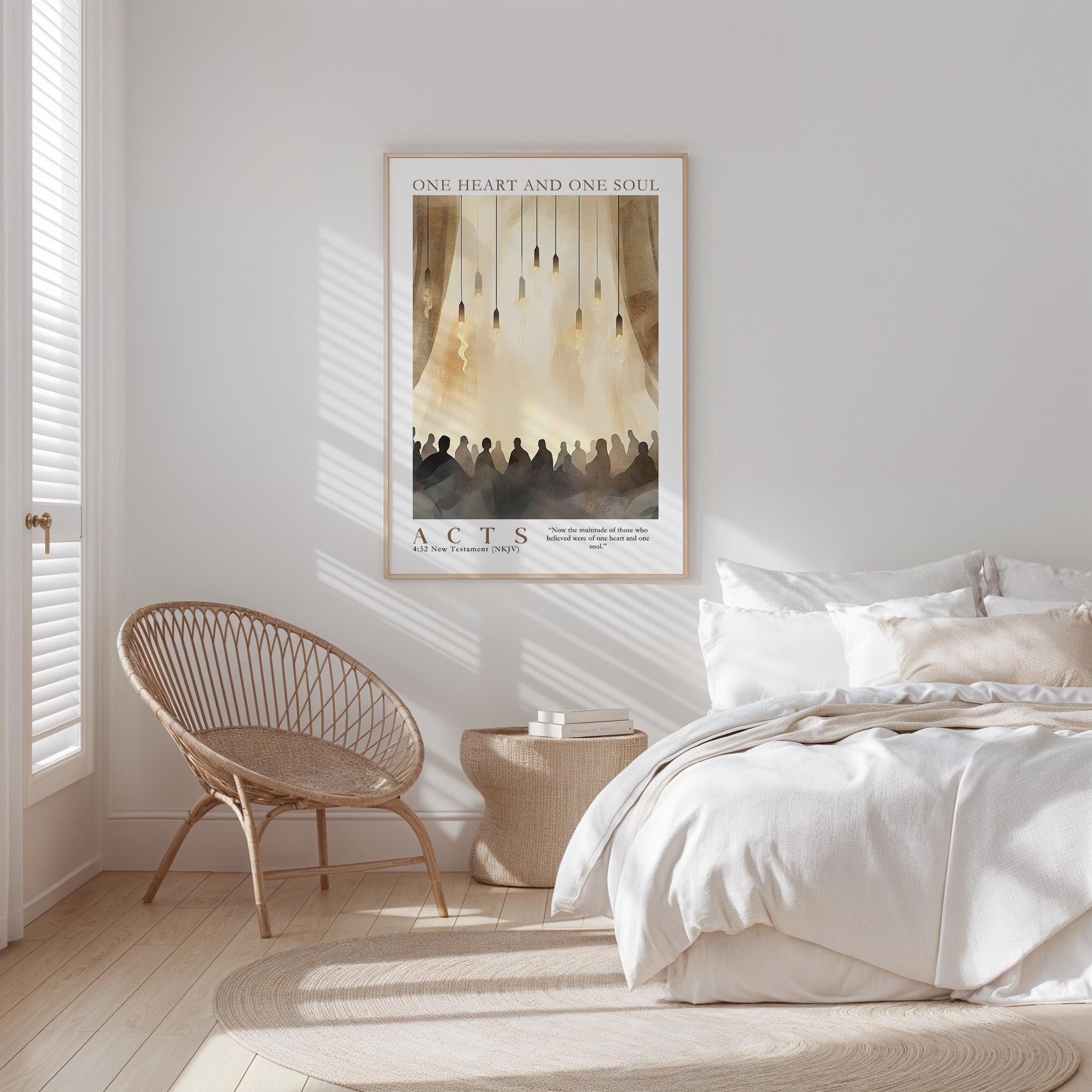 a serene bedroom scene with a bed, a woven chair, and a framed poster on the wall.