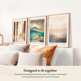 three framed artworks hanging on a wall, each depicting a different scene related to faith and spirituality.