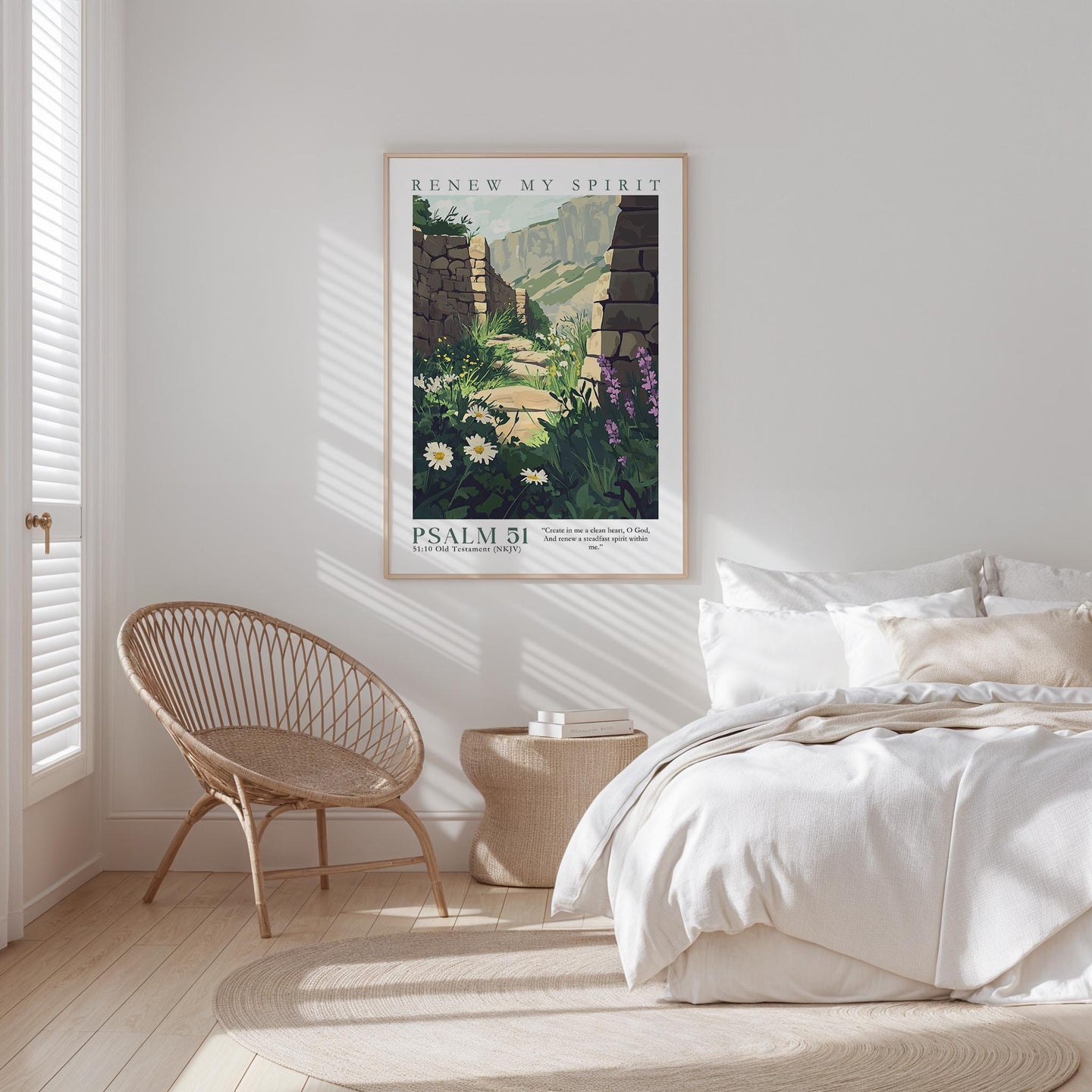 a bedroom with a bed, a woven chair, and a framed poster of a garden scene on the wall.