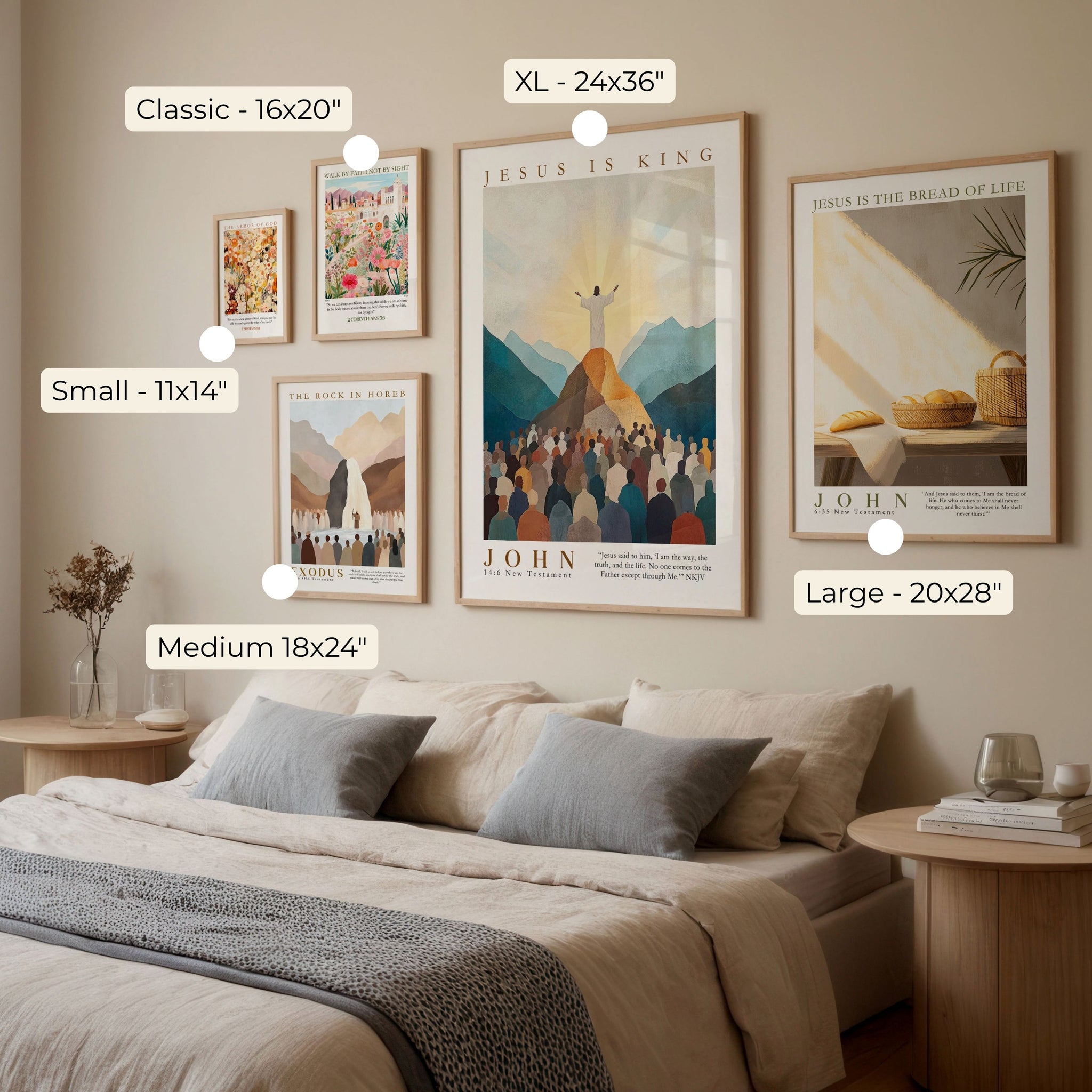 a bedroom with a bed, nightstands, and various framed artworks or posters on the wall.