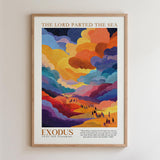 The image is a framed poster depicting a vibrant, colorful landscape with a text overlay that reads "THE LORD PARTED THE SEA" and "EXODUS 14:21 OLD TESTAMENT".