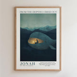The image is a framed poster depicting a person inside a whale's blowhole, with mountains in the background. The poster has a dark blue color scheme and includes a quote from the Bible verse " Jonah 2: Old Testament".
