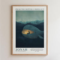The image is a framed poster depicting a person inside a whale's blowhole, with mountains in the background. The poster has a dark blue color scheme and includes a quote from the Bible verse " Jonah 2: Old Testament".