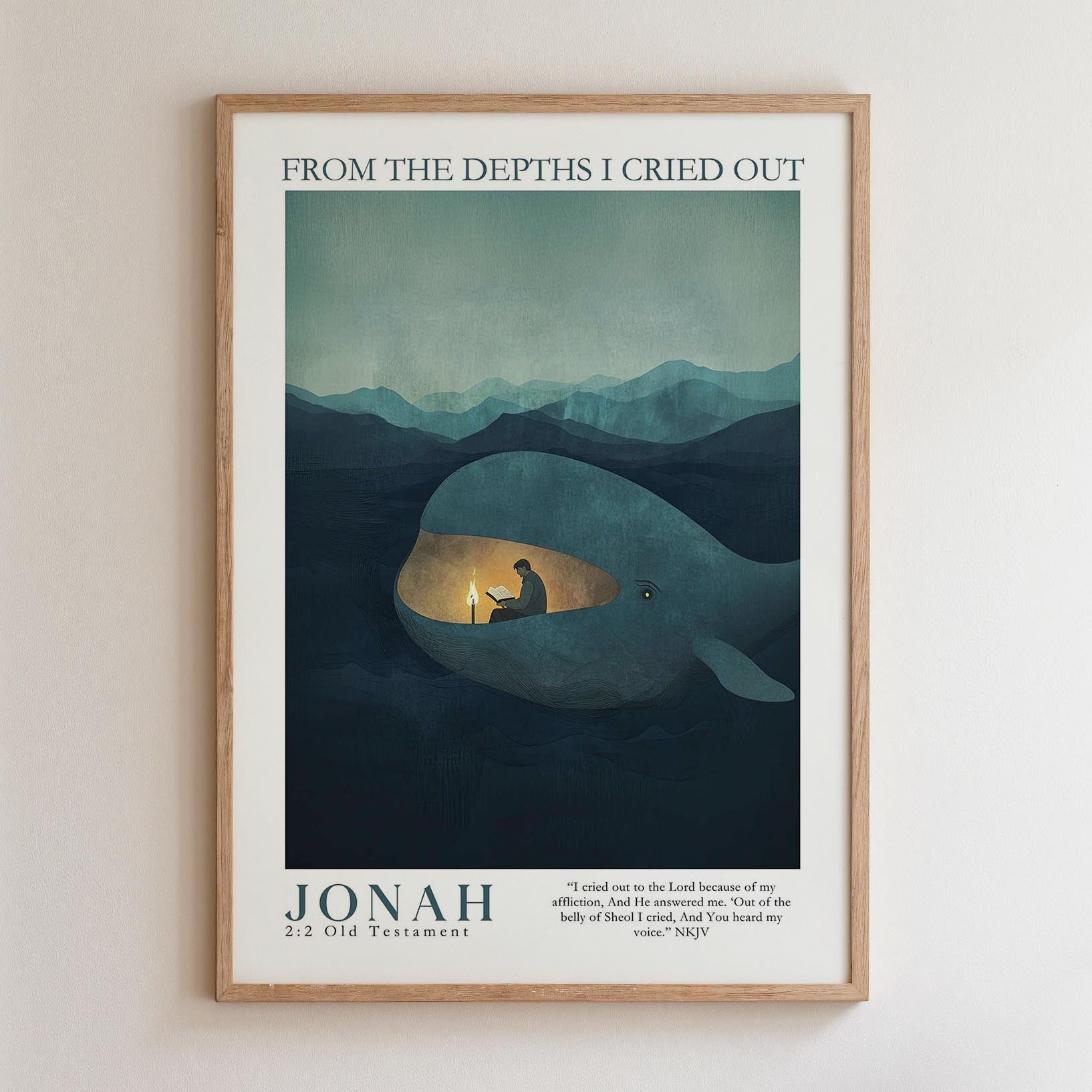 The image is a framed poster depicting a person inside a whale's blowhole, with mountains in the background. The poster has a dark blue color scheme and includes a quote from the Bible verse " Jonah 2: Old Testament".