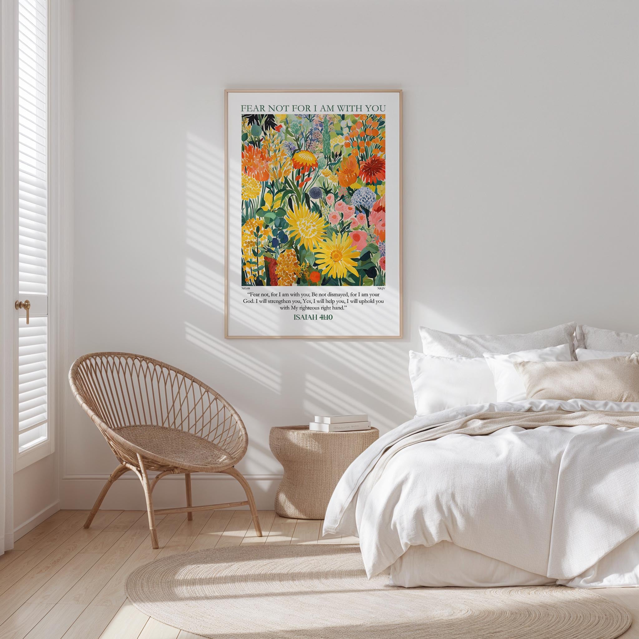 a serene bedroom scene with a bed, a woven chair, and a framed poster of a colorful floral painting on the wall.