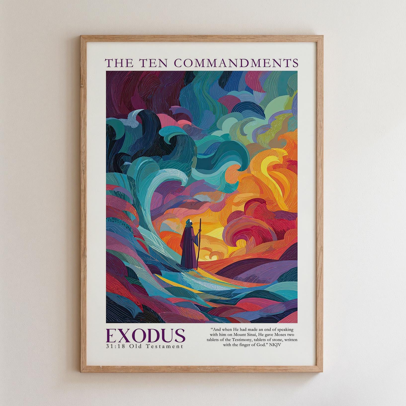 The image is a framed poster featuring a colorful illustration of a figure in a robe standing in front of a wave-like background, with the text "THE TEN COMMANDMENTS" and "EXODUS 31:18 OLD TESTAMENT" prominently displayed.