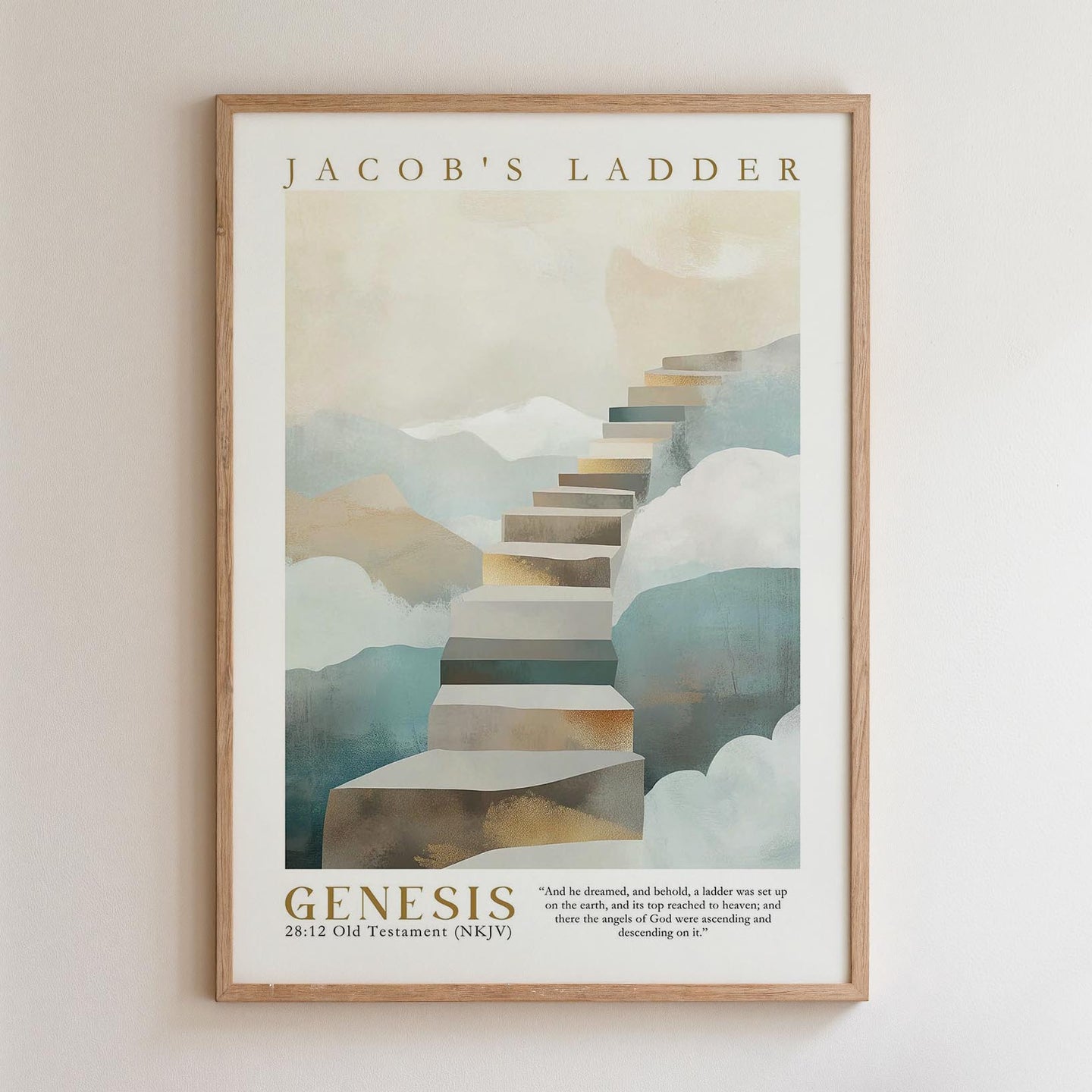 The image is a framed poster depicting a staircase leading up to a cloud-filled sky, with the text "JACOB'S LADDER" and "GENESIS 28:12 Old Testament ( NKJV)" below.
