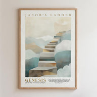 The image is a framed poster depicting a staircase leading up to a cloud-filled sky, with the text "JACOB'S LADDER" and "GENESIS 28:12 Old Testament ( NKJV)" below.