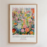 The image is a framed poster with a vibrant, colorful floral design. The poster features a quote from the Bible, specifically Isaiah 30:21, which states "Your ears shall hear a word behind you, saying, 'This is the way.' Whenever you turn in the right hand Or whenever you turn in the left hand.'