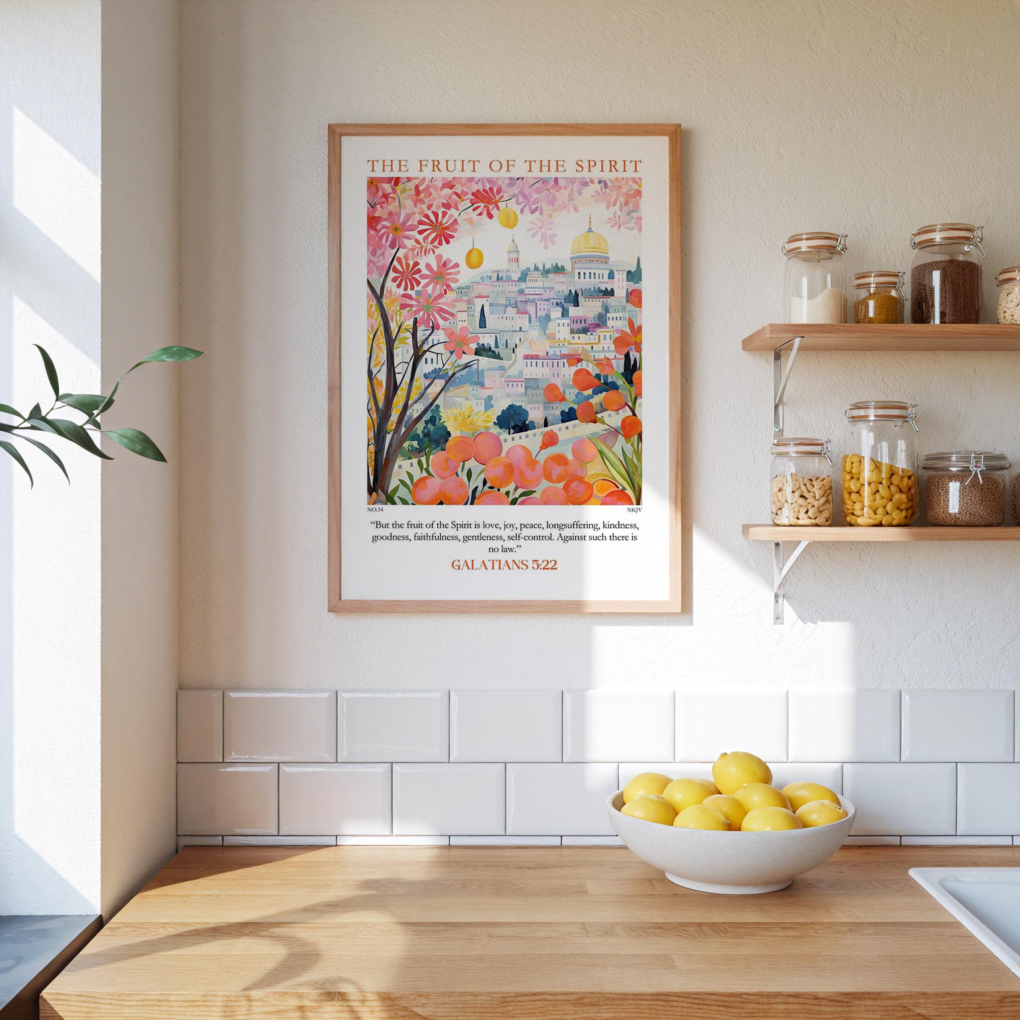 a kitchen scene with a framed poster of a colorful illustration of a cityscape, a bowl of lemons, and shelves with various jars and containers.