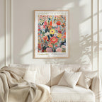 a vibrant, colorful poster of flowers hanging on a wall above a white couch with a blanket draped over it.